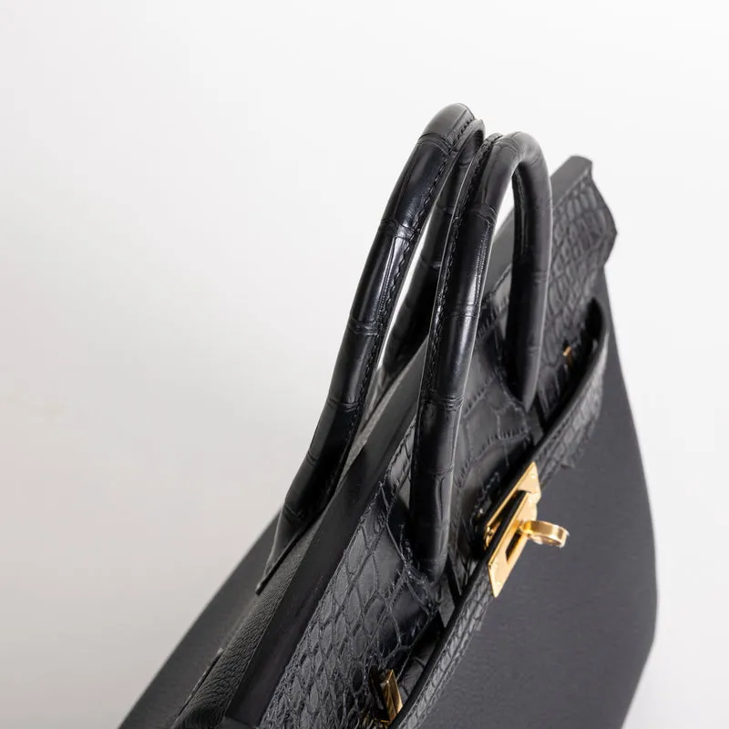 BIRKIN 25 TOUCH MATTE MISSISSIPPIENSIS ALLIGATOR LEATHER & TOGO LEATHER NOIR (BLACK) WITH GOLD HARDWARE (GHW) - 4