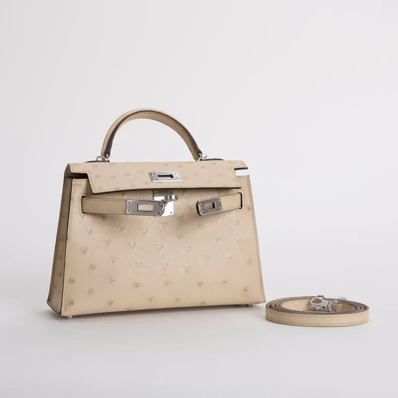 MINI KELLY II (20) OSTRICH LEATHER PARCHEMIN WITH PALLADIUM HARDWARE (PHW) - 2