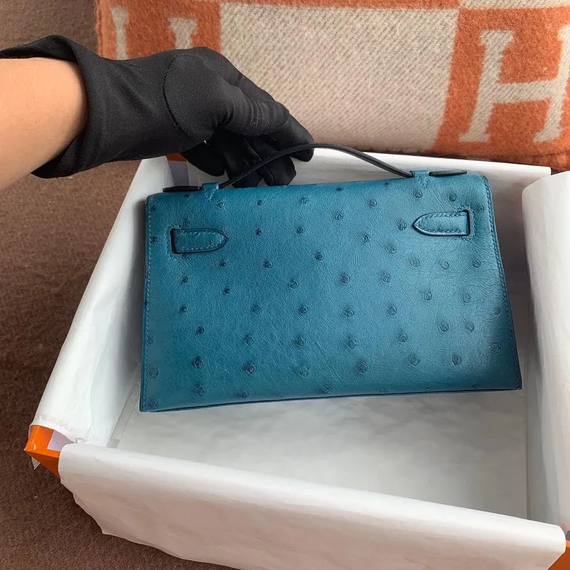 KELLY POCHETTE OSTRICH LEATHER BLEU JEAN WITH GOLD HARDWARE (GHW) - 2