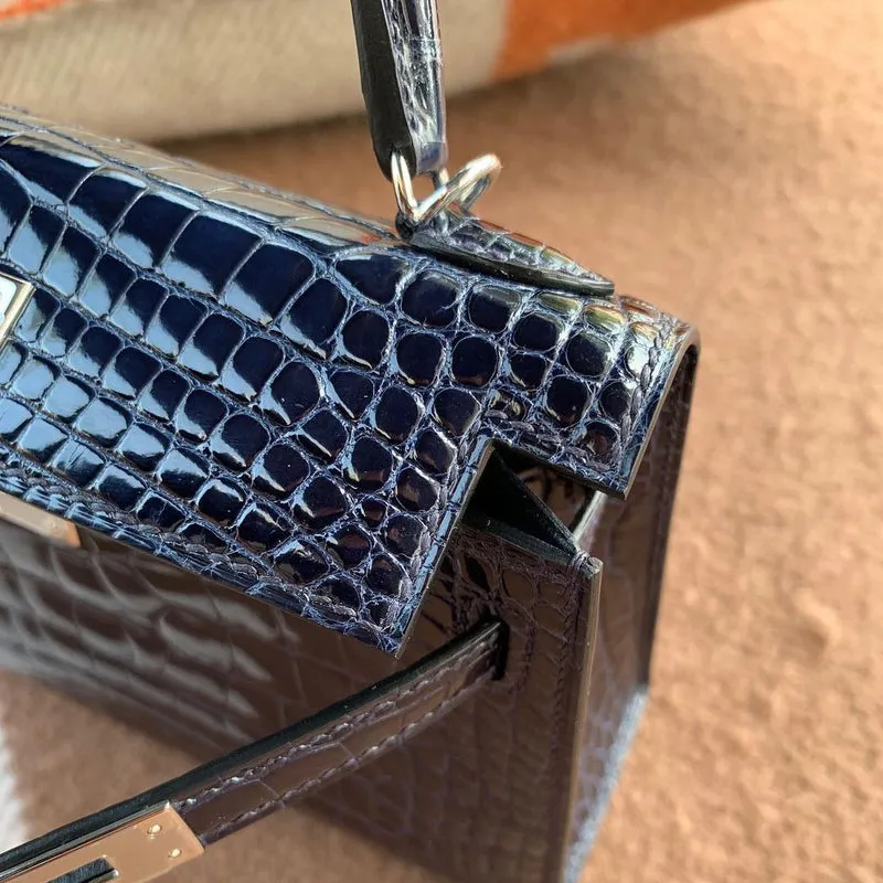 MINI KELLY II (20) SHINY MISSISSIPPIENSIS ALLIGATOR LEATHER BLEU SAPHIR WITH PALLADIUM HARDWARE (PHW) - 4