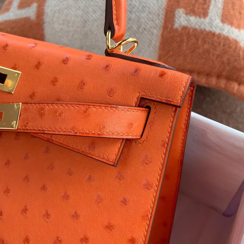 KELLY 28 OSTRICH LEATHER TANGERINE (ORANGE) WITH GOLD HARDWARE (GHW) - 4