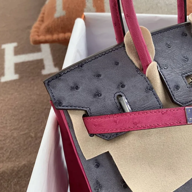BIRKIN 25 OSTRICH LEATHER HORSESHOE STAMP (HSS) BI-COLOR GRIS AGATE & ROSE POURPRE GOLD HARDWARE (GHW) - 5