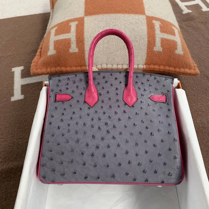 BIRKIN 25 OSTRICH LEATHER HORSESHOE STAMP (HSS) BI-COLOR GRIS AGATE & ROSE POURPRE GOLD HARDWARE (GHW) - 2