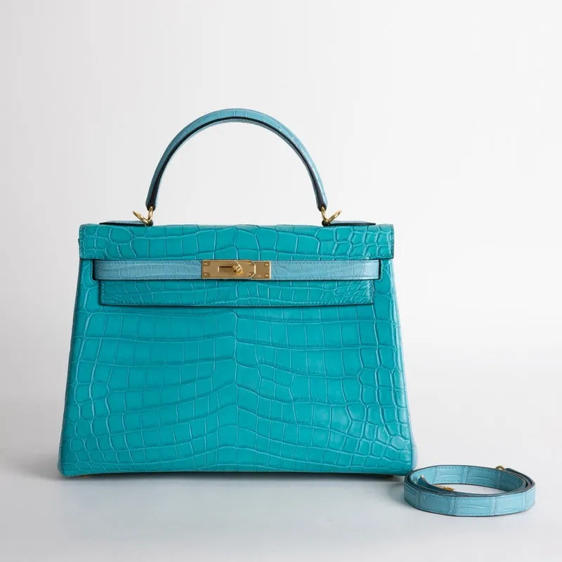 KELLY 32 MATTE NILOTICUS CROCODILE LEATHER HORSESHOE STAMP (HSS) BI-COLOR BLEU PAON & BLEU SAINT CYR WITH GOLD HARDWARE (GHW) - 2
