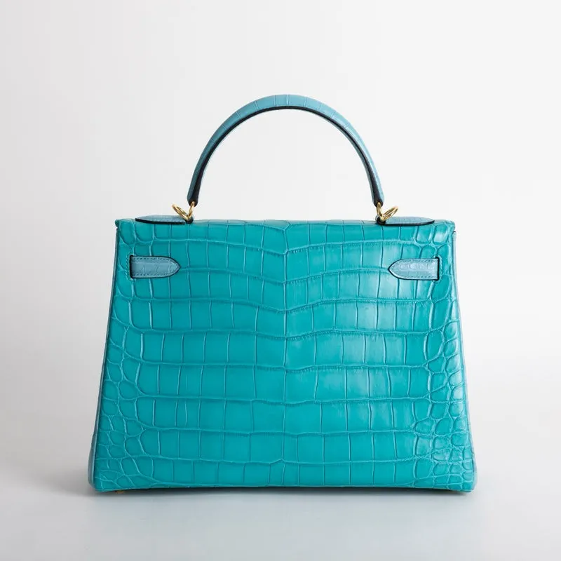 KELLY 32 MATTE NILOTICUS CROCODILE LEATHER HORSESHOE STAMP (HSS) BI-COLOR BLEU PAON & BLEU SAINT CYR WITH GOLD HARDWARE (GHW) - 3