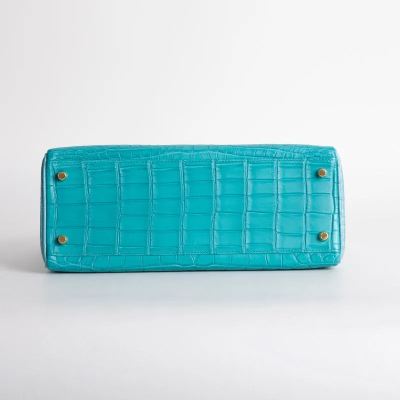 KELLY 32 MATTE NILOTICUS CROCODILE LEATHER HORSESHOE STAMP (HSS) BI-COLOR BLEU PAON & BLEU SAINT CYR WITH GOLD HARDWARE (GHW) - 6