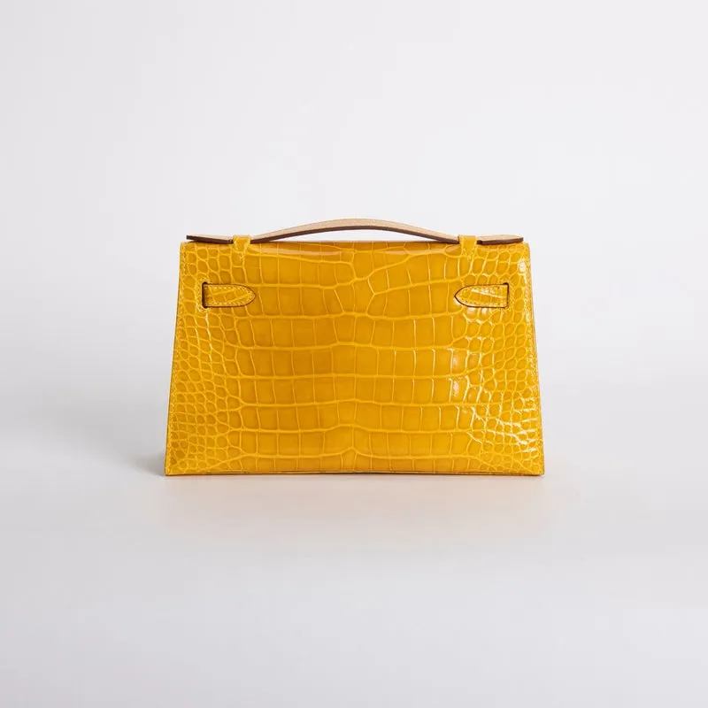 KELLY POCHETTE SHINY MISSISSIPPIENSIS ALLIGATOR LEATHER JAUNE AMBRE WITH GOLD HARDWARE (GHW) - 2