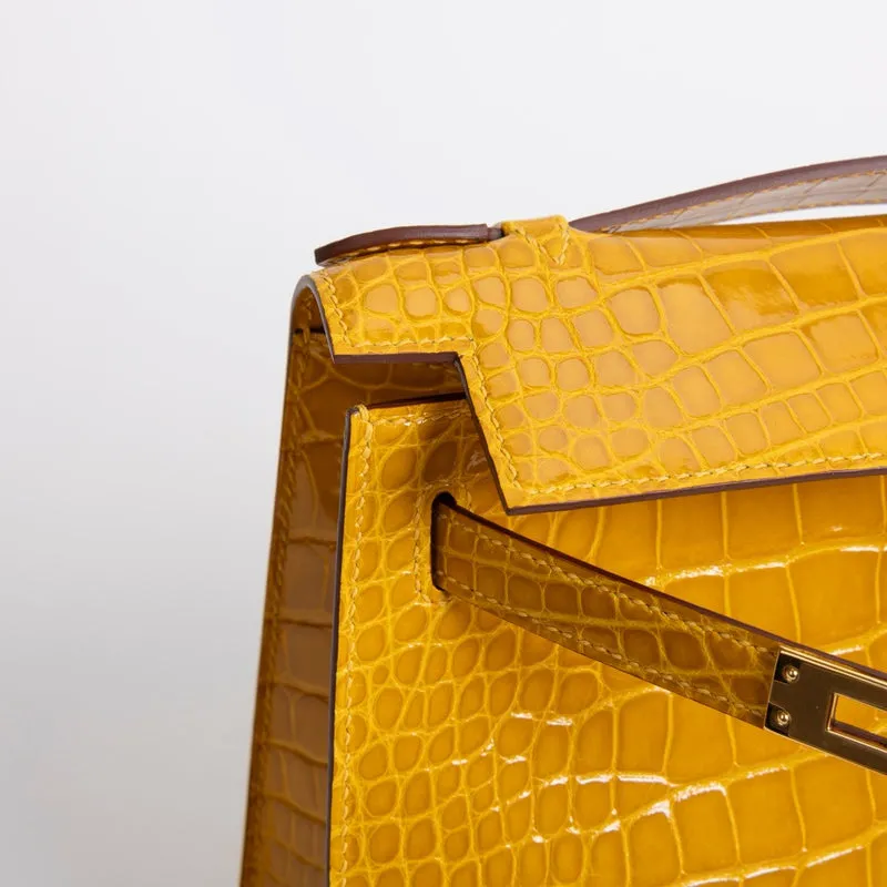 KELLY POCHETTE SHINY MISSISSIPPIENSIS ALLIGATOR LEATHER JAUNE AMBRE WITH GOLD HARDWARE (GHW) - 3