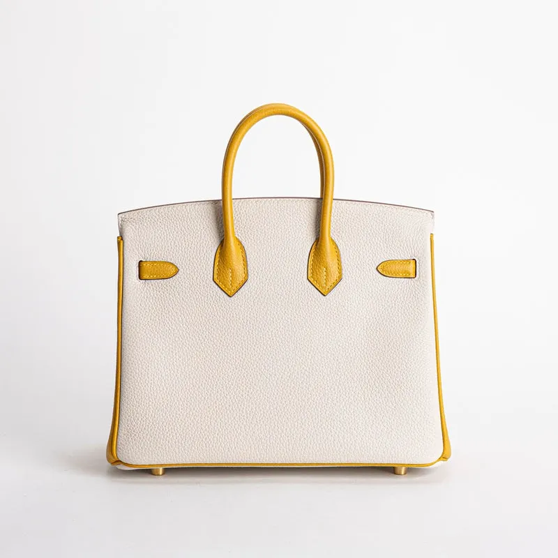 BIRKIN 25 TOGO LEATHER HORSESHOE STAMP (HSS) BI-COLOR CRAIE & JAUNE AMBRE WITH BRUSHED GOLD HARDWARE (BGHW) - 2