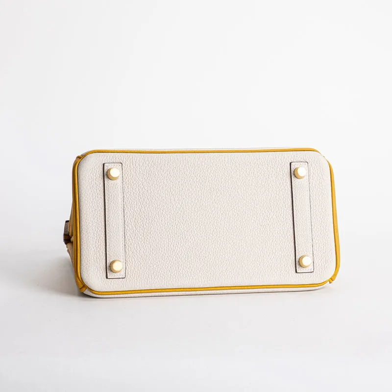 BIRKIN 25 TOGO LEATHER HORSESHOE STAMP (HSS) BI-COLOR CRAIE & JAUNE AMBRE WITH BRUSHED GOLD HARDWARE (BGHW) - 6