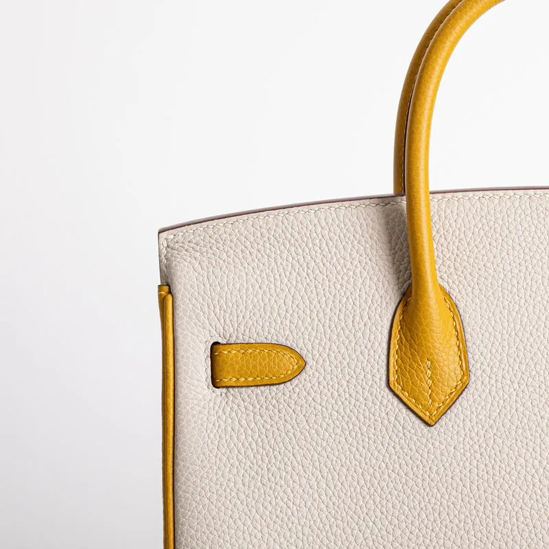BIRKIN 25 TOGO LEATHER HORSESHOE STAMP (HSS) BI-COLOR CRAIE & JAUNE AMBRE WITH BRUSHED GOLD HARDWARE (BGHW) - 5