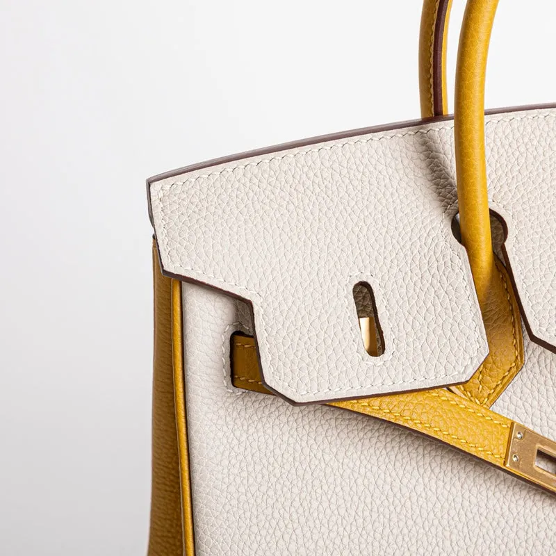 BIRKIN 25 TOGO LEATHER HORSESHOE STAMP (HSS) BI-COLOR CRAIE & JAUNE AMBRE WITH BRUSHED GOLD HARDWARE (BGHW) - 4