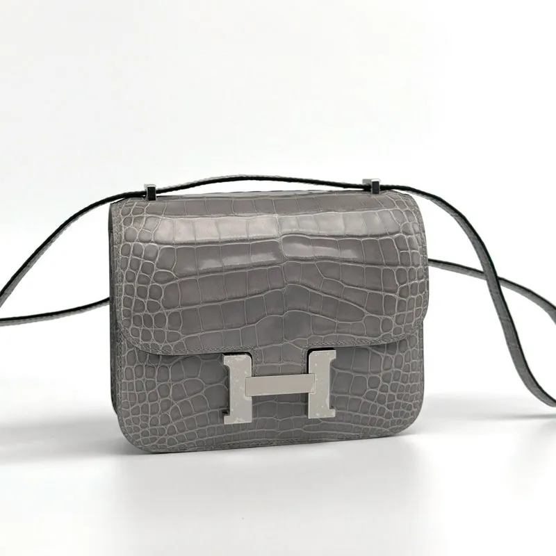 CONSTANCE 18 (MINI) SHINY MISSISSIPPIENSIS ALLIGATOR LEATHER GRIS TOURTERELLE WITH PALLADIUM HARDWARE (PHW) - 2