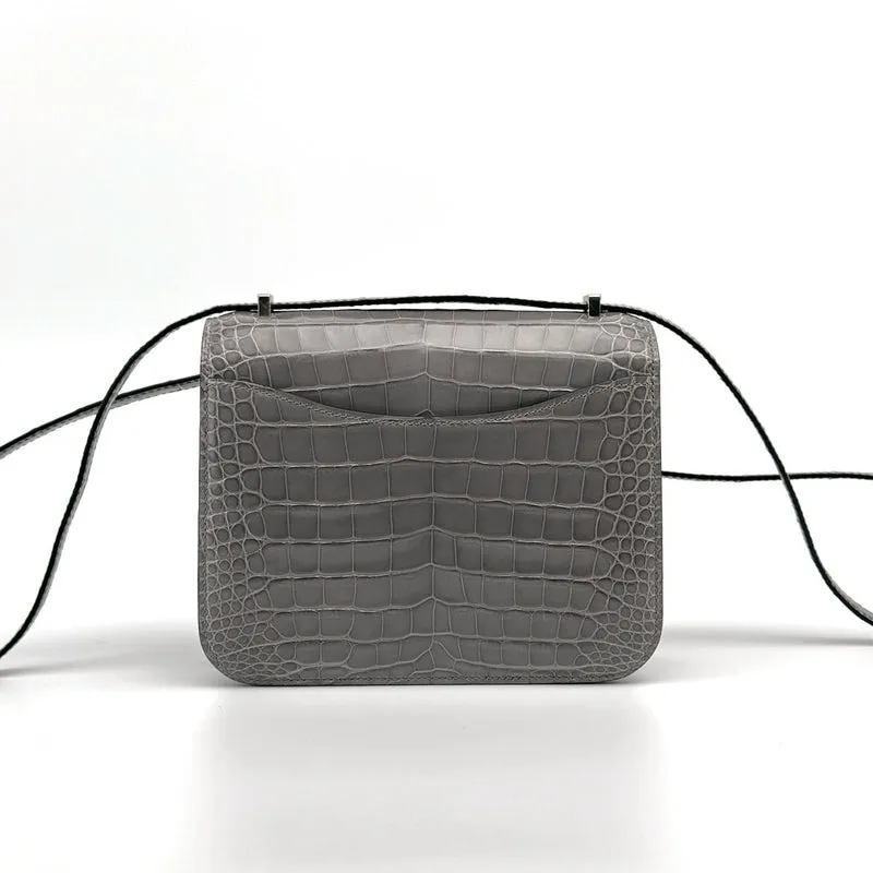 CONSTANCE 18 (MINI) SHINY MISSISSIPPIENSIS ALLIGATOR LEATHER GRIS TOURTERELLE WITH PALLADIUM HARDWARE (PHW) - 4