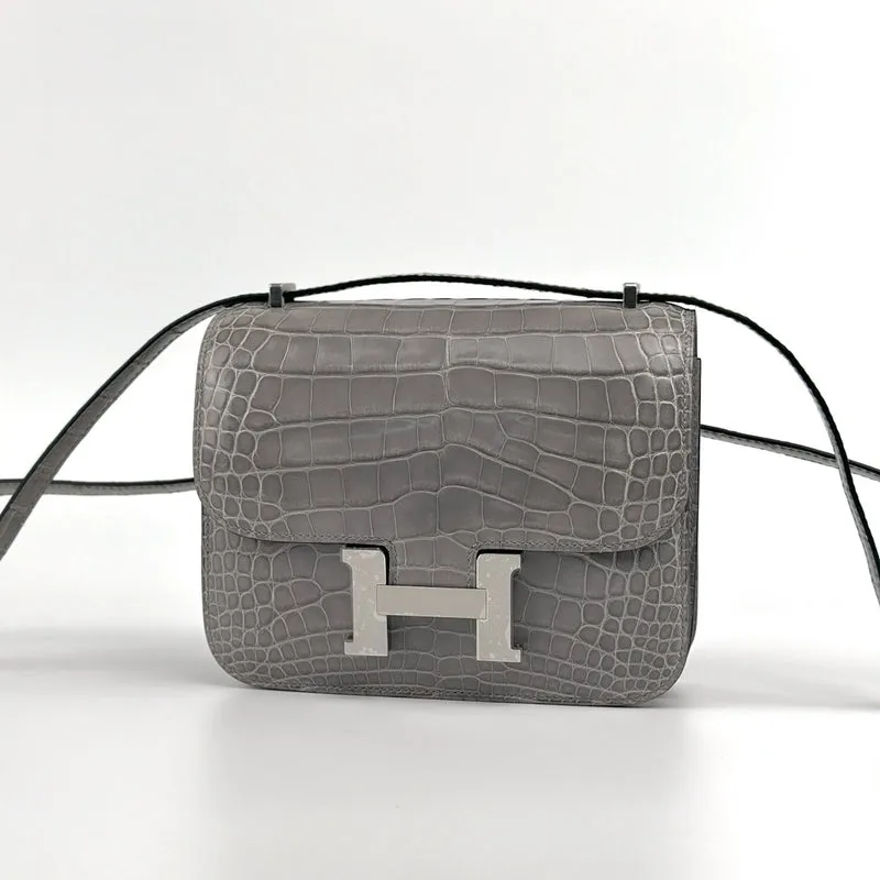 CONSTANCE 18 (MINI) SHINY MISSISSIPPIENSIS ALLIGATOR LEATHER GRIS TOURTERELLE WITH PALLADIUM HARDWARE (PHW) - 3