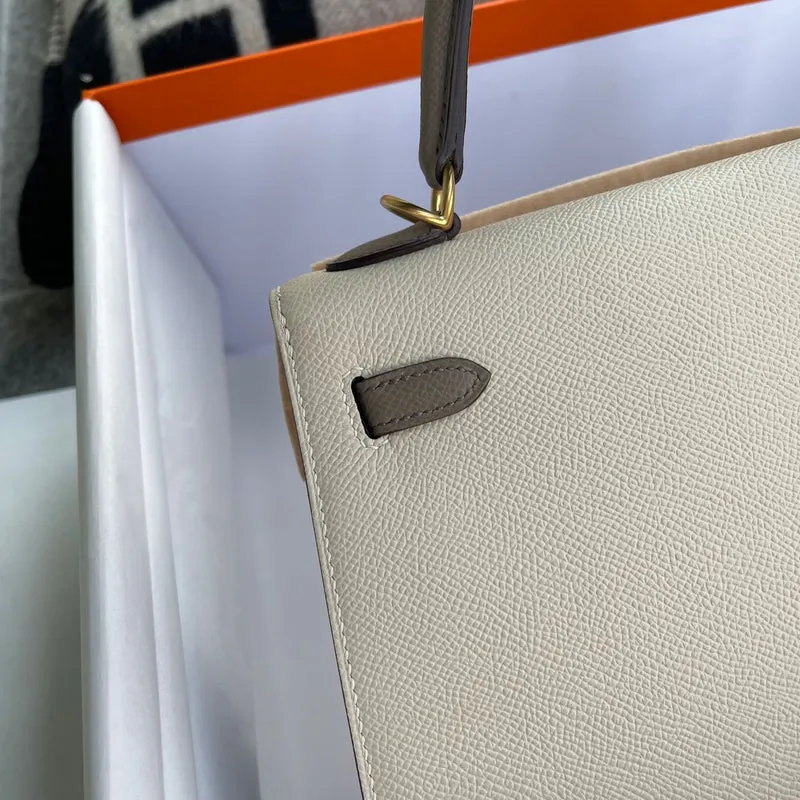 KELLY 25 EPSOM LEATHER HORSESHOE STAMP (HSS) BI-COLOR CRAIE & GRIS ASPHALTE WITH BRUSHED GOLD HARDWARE (BGHW) - 4